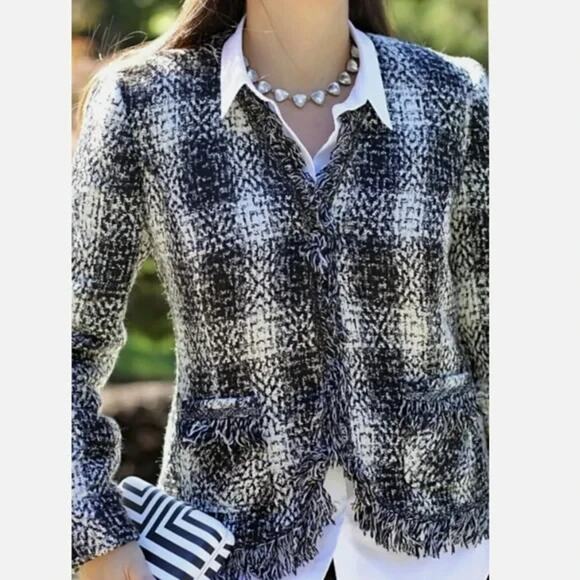 Carol Anderson by Invitation Blazer Jacket Sz 10 Black White Plaid Tweed Fringe - Picture 2 of 16